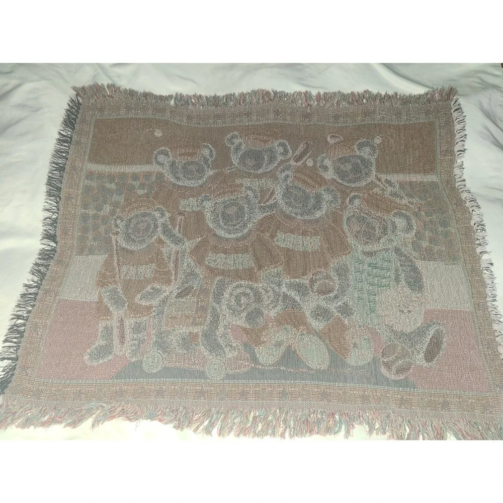 Nita Showers Teddy Bear Baseball Woven Tapestry Throw Blanket Fringed 39x33